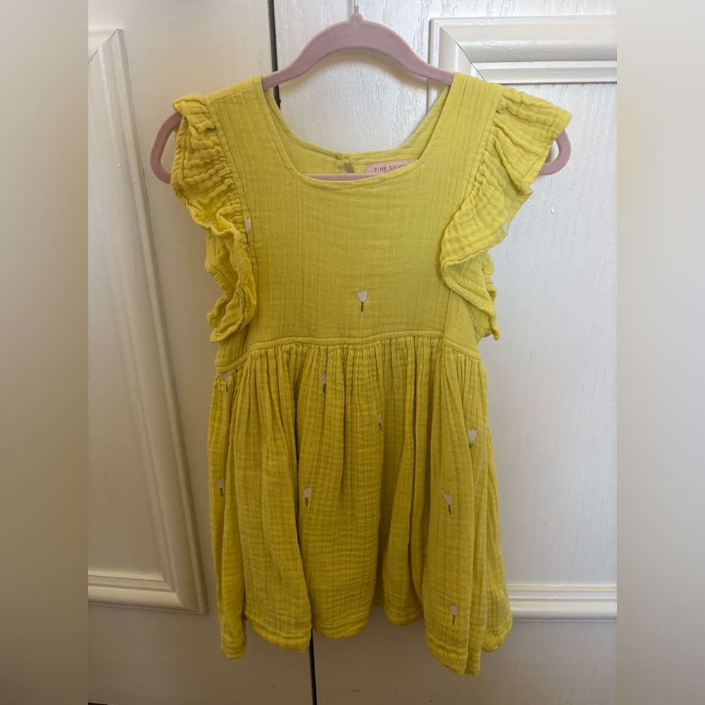 Girls Elsie Dress in Tulip Embroidery | Vibrant Yellow Cotton Gauze | Pink Chick
